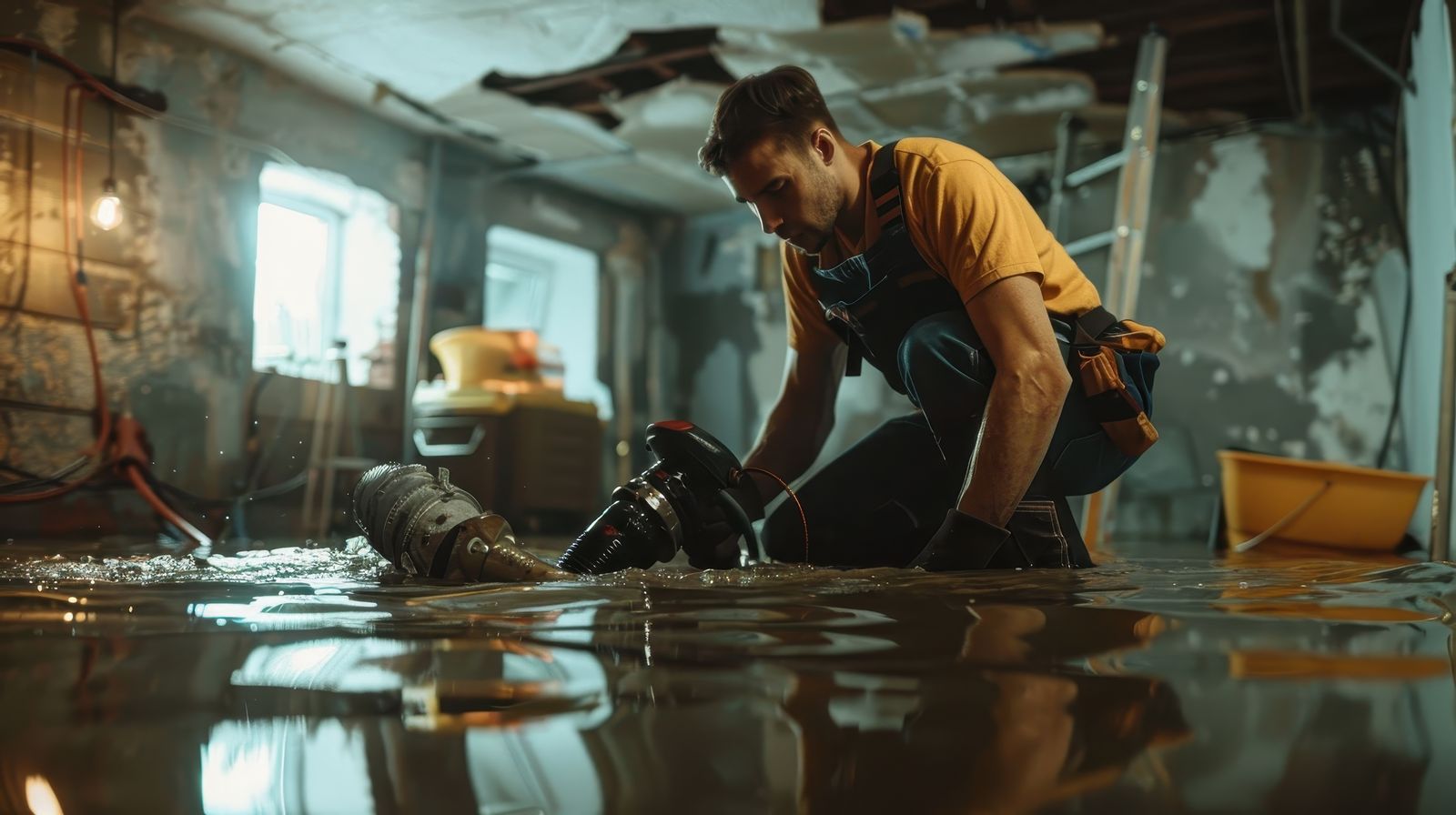 Technician extracting standing water from a Decatur GA home