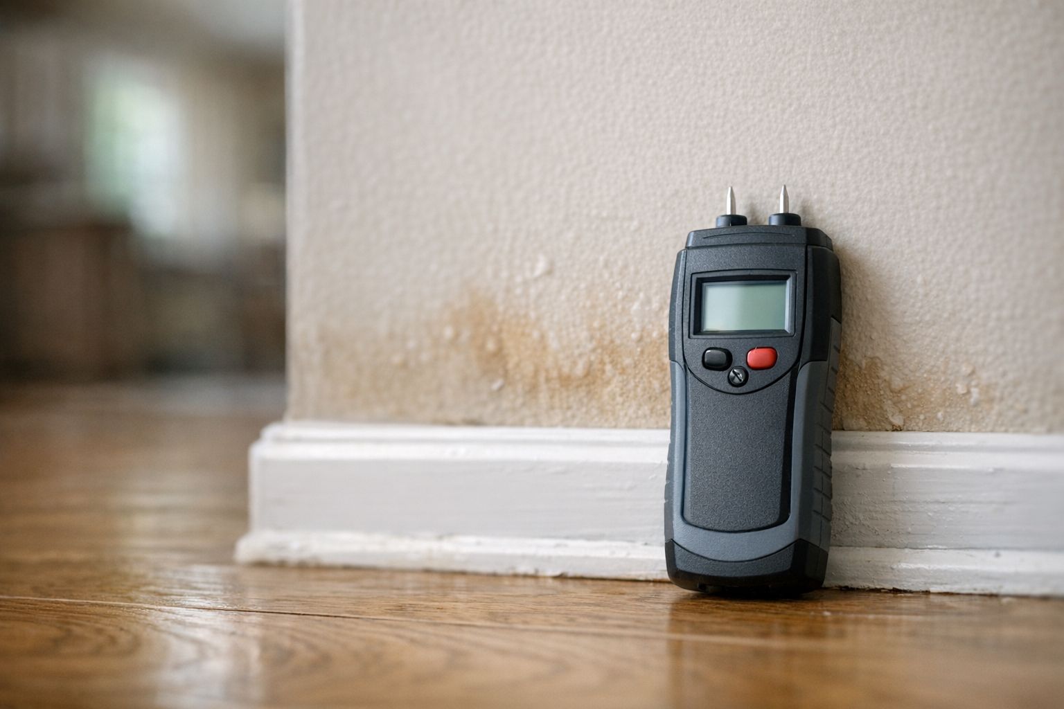 Moisture meter taking a reading at a water stained baseboard in a Decatur GA home