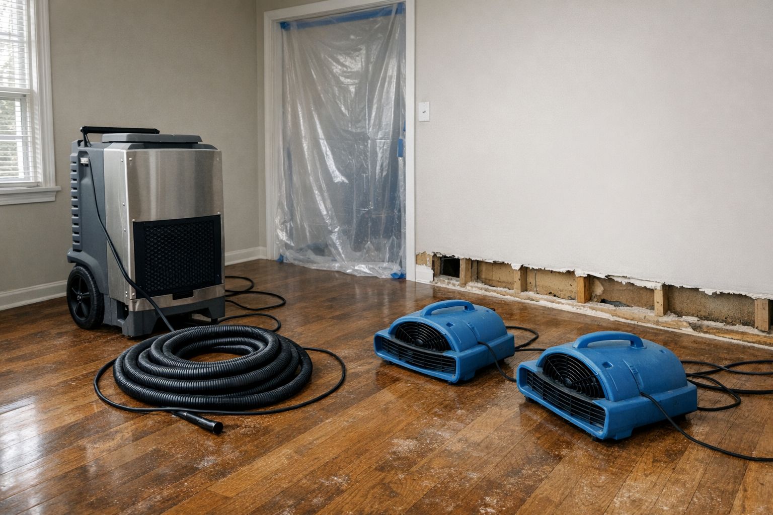 Commercial dehumidifier and air movers drying a Decatur GA living room after water damage
