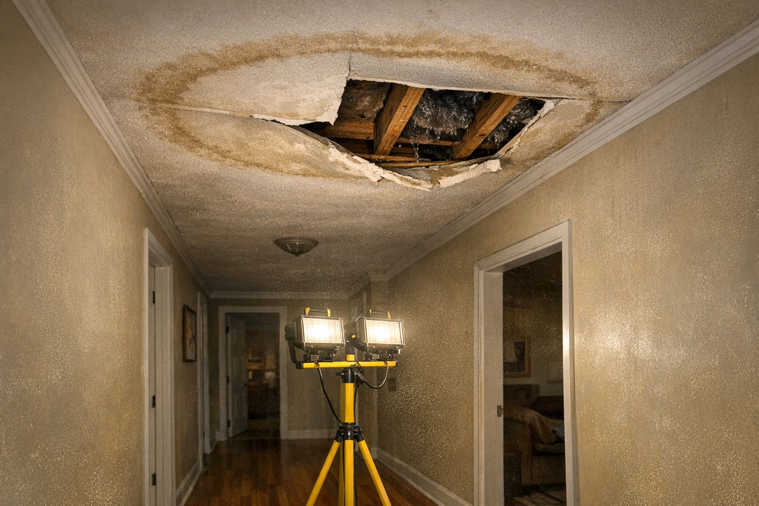 Water stained and sagging hallway ceiling opened up for inspection in a Decatur GA home
